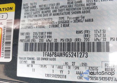 2016 Ford Mustang V6 из США, поврежденный, VIN 1FA6P8AM9G5241273